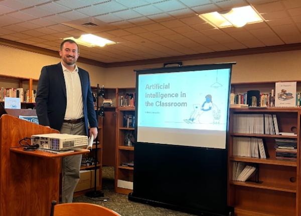 Senior Early Childhood and Elementary Education major Nick Gevaudan presented his thesis in the Honors Library. 